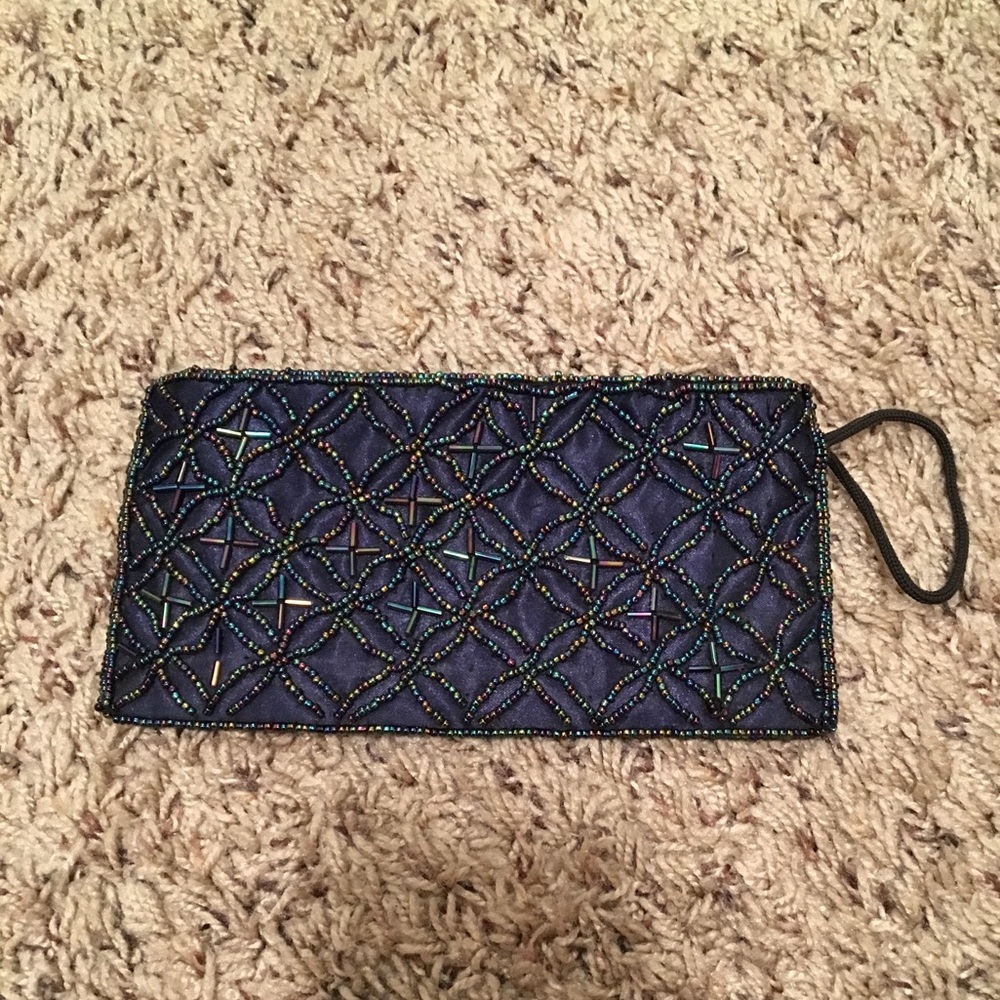 Beaded evening mini bag in midnight blue with multi-colored beads
